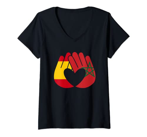 Mujer Marruecos España Bandera Amistad Hermandad Manos Corazón Camiseta Cuello V
