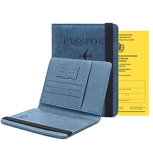 JeoPoom Funda para Pasaporte de Viaje con Bloqueo RFID, Funda Pasaporte Piel para Pasaportes, Tarjetas de identificación, Boletos de Avión(Azul)