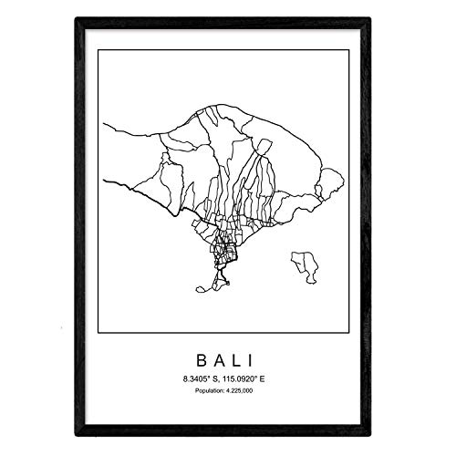 Nacnic Lámina Mapa de la Ciudad Bali Estilo nordico en Blanco y Negro. Poster tamaño A3 Sin Marco Impreso Papel 250 gr. Cuadros, láminas y Posters para Salon y Dormitorio