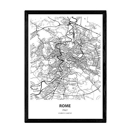 Nacnic Poster con mapa de Rome - Italia. Láminas de ciudades de Italia con mares y ríos en color negro. Tamaño A3 con marco