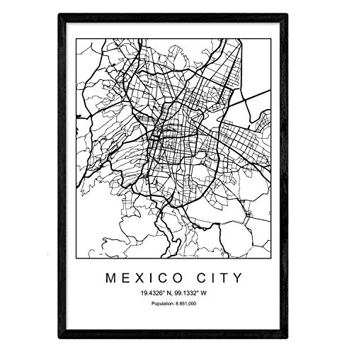 Nacnic Lámina mapa de la ciudad Mexico city estilo nordico en blanco y negro. Poster tamaño A4 Sin marco Impreso papel 250 gr. Cuadros, láminas y posters para salon y dormitorio