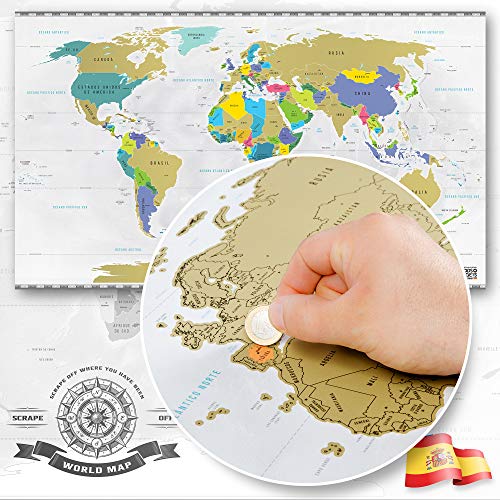 Póster del mapa-mundi de rascar con tubo de regalo 82 x 45 cm XXL - Mapa mundial extragrande personalizado y todas las banderas del país - Detalles cartográficos - incluye una herramienta para rascar