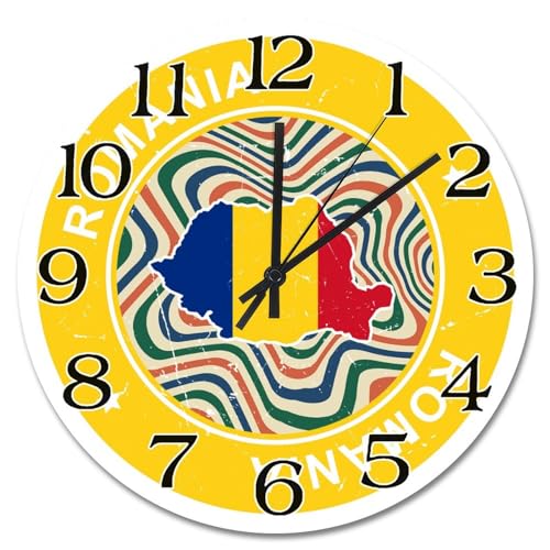 Guangpat Reloj de pared con bandera de Rumania, colorido mapa retro, atracción turística, relojes de pared grandes de madera, funciona con pilas, reloj colgante de viaje de 15 pulgadas para
