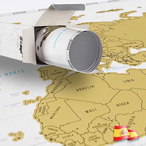 Póster del mapa-mundi de rascar con tubo de regalo 82 x 45 cm XXL - Mapa mundial extragrande personalizado y todas las banderas del país - Detalles cartográficos - incluye una herramienta para rascar