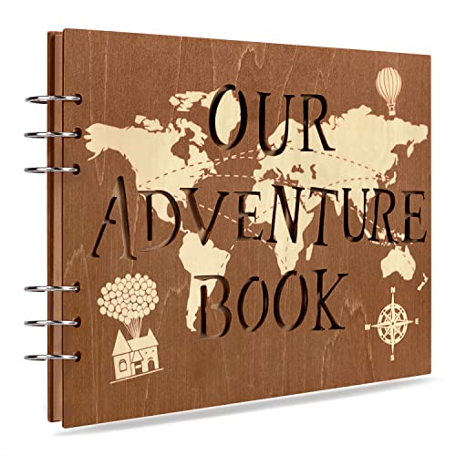 Creawoo Álbum de fotos de madera Our Adventure Book Scrapbook, hecho a mano para parejas, memoria para aniversario, boda, viajes, baby shower (80 páginas)