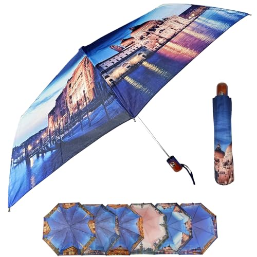 QILZO Paraguas Mujer Paraguas Plegable Apertura Automática 30cm Paraguas de Fibra Compacto Paraguas de Viaje Prtátil Impermeable, Ativiento, de Secado Rápido Resistente Rayos UV (VENECIA)