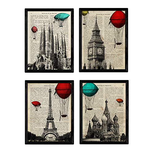 Nacnic Set de 4 láminas de Enciclopedia Vintage con Ciudades Europeas para Viajar. Londres, Barcelona, Moscú, París. A4. Sin Marco.