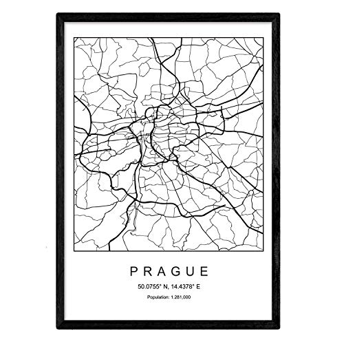 Lámina mapa de la ciudad Prague estilo nordico en blanco y negro. Poster tamaño A4 Sin marco Impreso papel 250 gr. Cuadros, láminas y posters para salon y dormitorio