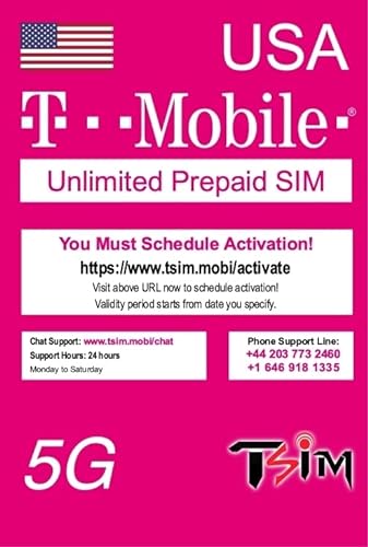 Tarjeta SIM de Estados Unidos para viajar a los Estados Unidos. Prepago. Red T-Mobile con datos, llamadas y mensajes de texto ilimitados. Tarjeta SIM 5G mejorada. (28 días)