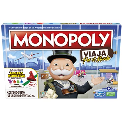 Monopoly Viaja por el Mundo - Juego de Mesa para Toda la Familia y niÃ±os a Partir de 8 aÃ±os - Incluye peones-cuÃ±os y Tablero de borrado en seco